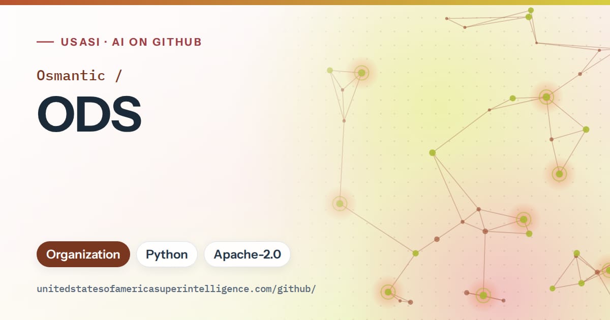 Generated orange constellation network artwork for Osmantic/ODS, labeled USASI · AI on GitHub, with Organization · Python · Apache-2.0.