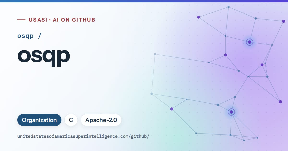 Generated sky blue constellation network artwork for osqp/osqp, labeled USASI · AI on GitHub, with Organization · C · Apache-2.0.