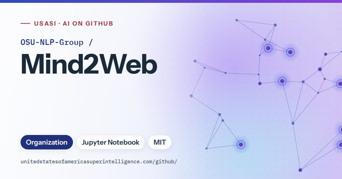 Generated blue constellation network artwork for OSU-NLP-Group/Mind2Web, labeled USASI · AI on GitHub, with Organization · Jupyter Notebook · MIT.