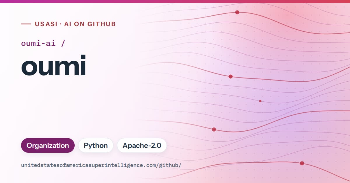 Generated purple flowing-wave artwork for oumi-ai/oumi, labeled USASI · AI on GitHub, with Organization · Python · Apache-2.0.