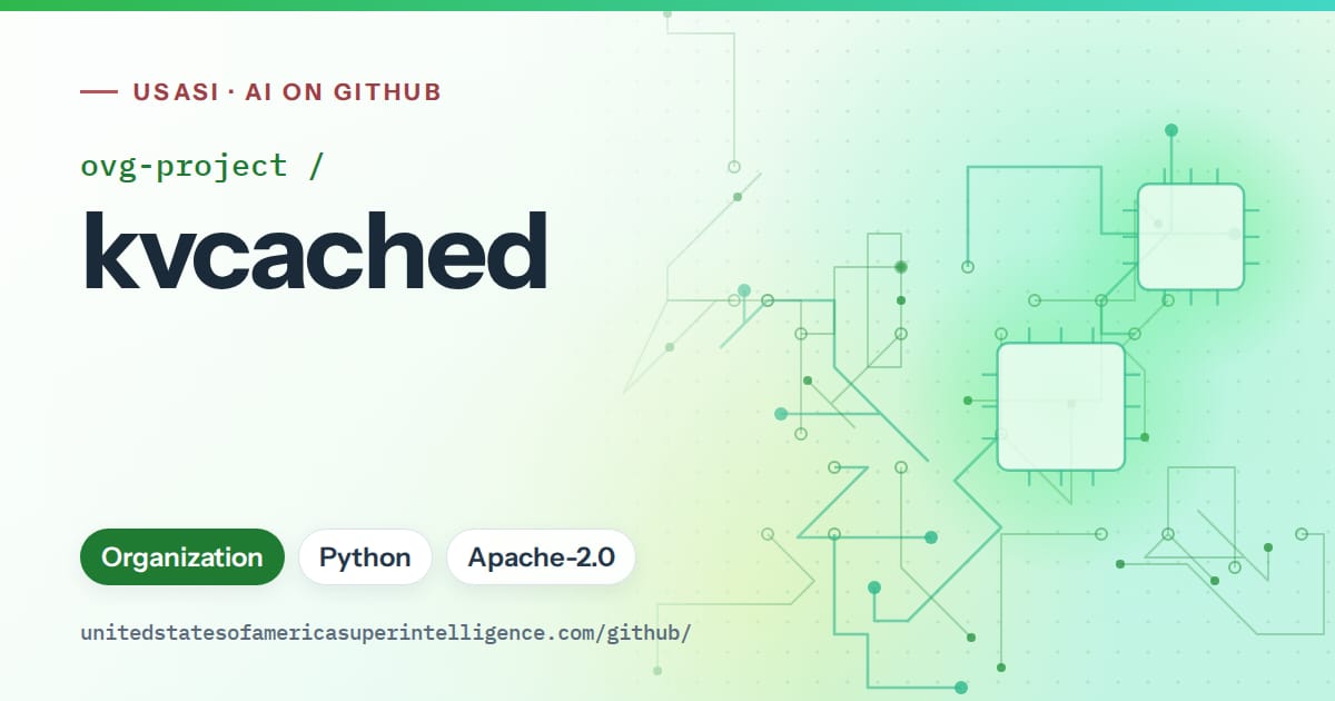 Generated green circuit-trace artwork for ovg-project/kvcached, labeled USASI · AI on GitHub, with Organization · Python · Apache-2.0.