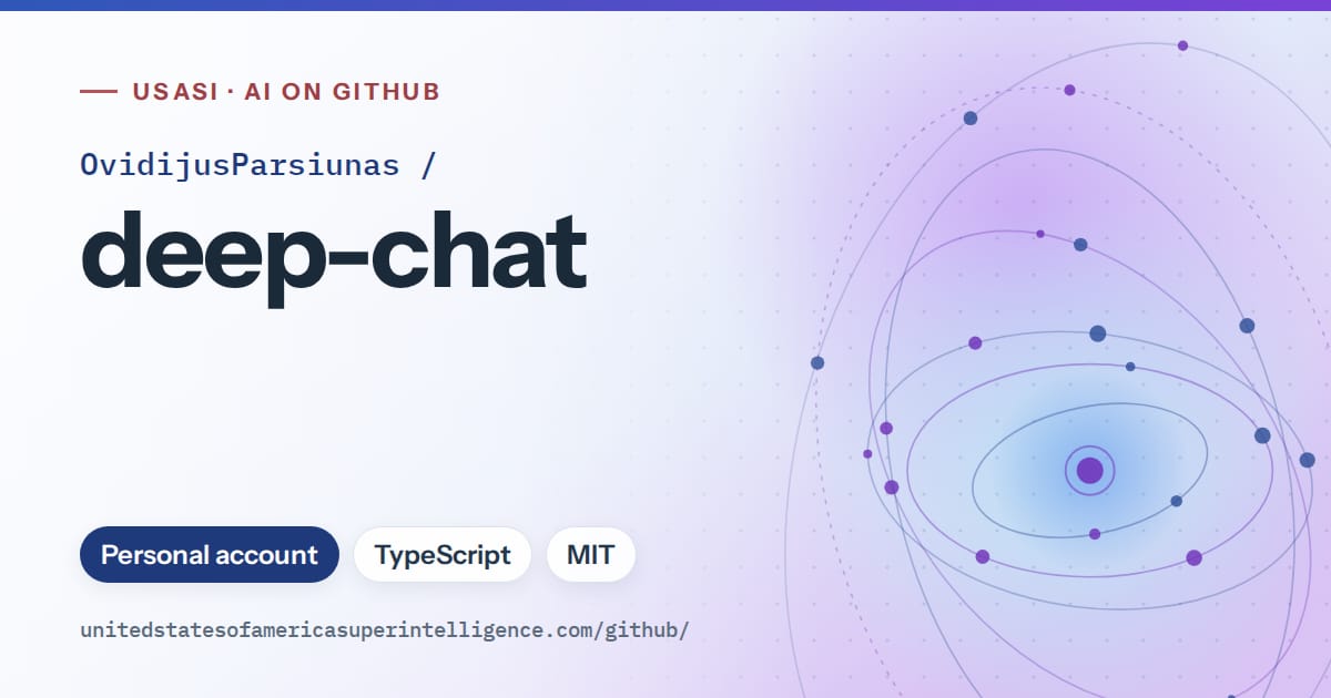 Generated blue orbit artwork for OvidijusParsiunas/deep-chat, labeled USASI · AI on GitHub, with Personal account · TypeScript · MIT.