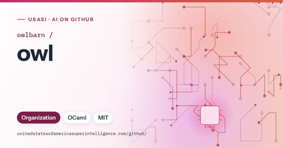 Generated pink circuit-trace artwork for owlbarn/owl, labeled USASI · AI on GitHub, with Organization · OCaml · MIT.