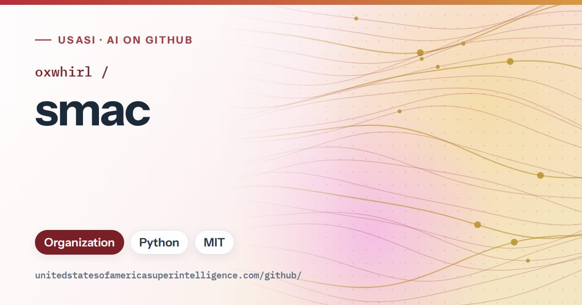 Generated red flowing-wave artwork for oxwhirl/smac, labeled USASI · AI on GitHub, with Organization · Python · MIT.