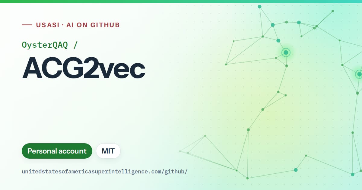 Generated green constellation network artwork for OysterQAQ/ACG2vec, labeled USASI · AI on GitHub, with Personal account · MIT.