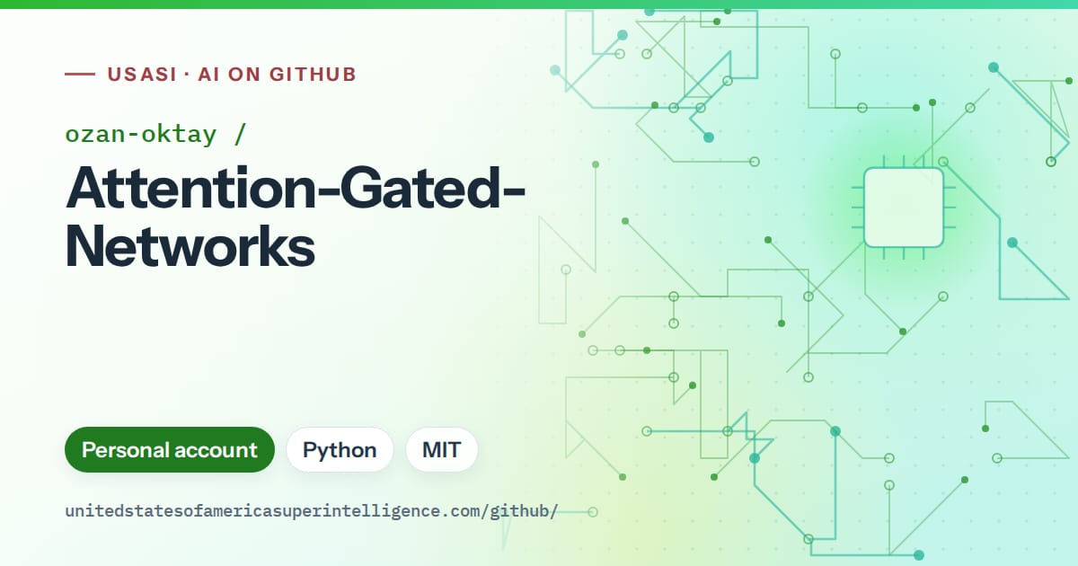 Generated green circuit-trace artwork for ozan-oktay/Attention-Gated-Networks, labeled USASI · AI on GitHub, with Personal account · Python · MIT.