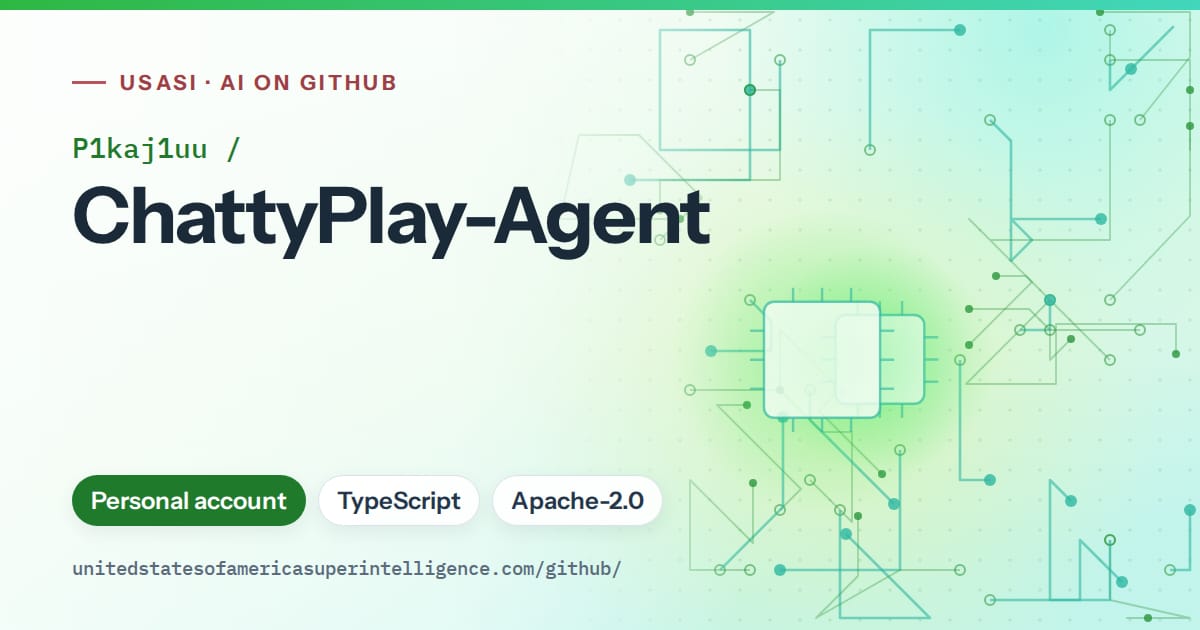 Generated green circuit-trace artwork for P1kaj1uu/ChattyPlay-Agent, labeled USASI · AI on GitHub, with Personal account · TypeScript · Apache-2.0.