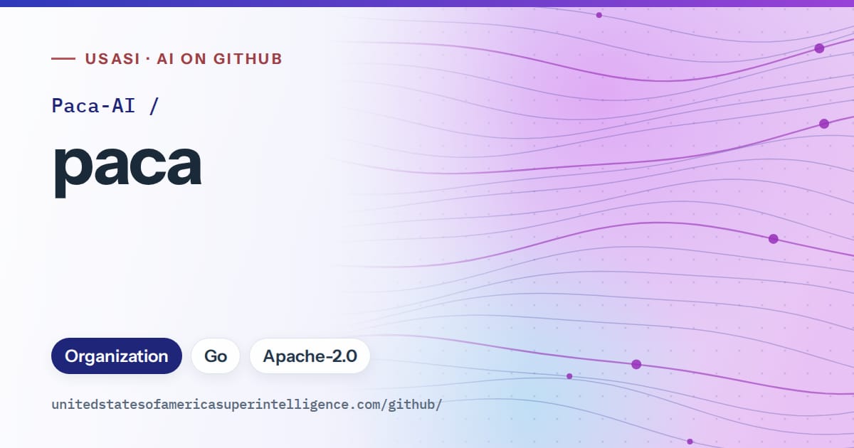 Generated blue flowing-wave artwork for Paca-AI/paca, labeled USASI · AI on GitHub, with Organization · Go · Apache-2.0.