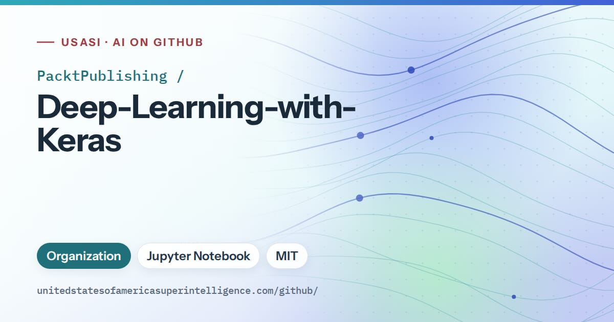 Generated teal flowing-wave artwork for PacktPublishing/Deep-Learning-with-Keras, labeled USASI · AI on GitHub, with Organization · Jupyter Notebook · MIT.