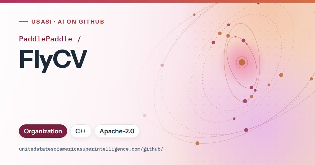 Generated pink orbit artwork for PaddlePaddle/FlyCV, labeled USASI · AI on GitHub, with Organization · C++ · Apache-2.0.