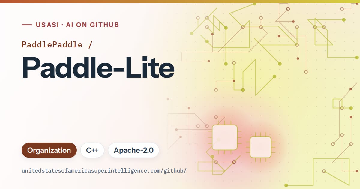 Generated orange circuit-trace artwork for PaddlePaddle/Paddle-Lite, labeled USASI · AI on GitHub, with Organization · C++ · Apache-2.0.