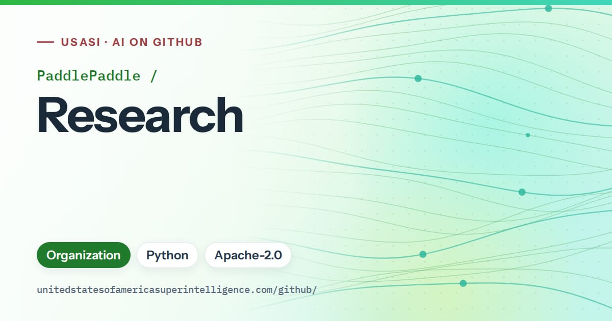 Generated green flowing-wave artwork for PaddlePaddle/Research, labeled USASI · AI on GitHub, with Organization · Python · Apache-2.0.