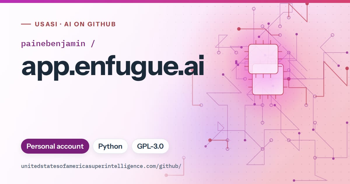 Generated purple circuit-trace artwork for painebenjamin/app.enfugue.ai, labeled USASI · AI on GitHub, with Personal account · Python · GPL-3.0.