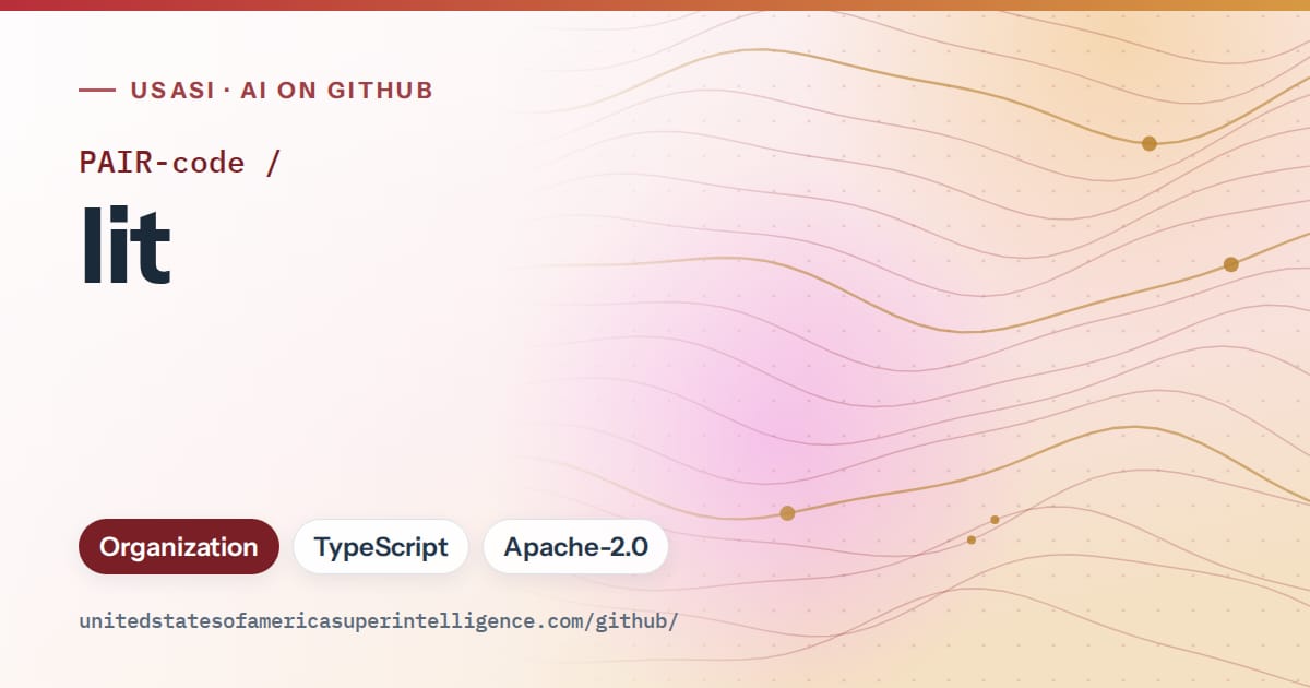 Generated red flowing-wave artwork for PAIR-code/lit, labeled USASI · AI on GitHub, with Organization · TypeScript · Apache-2.0.