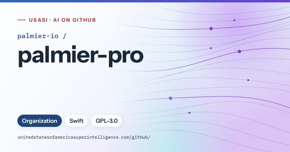 Generated blue flowing-wave artwork for palmier-io/palmier-pro, labeled USASI · AI on GitHub, with Organization · Swift · GPL-3.0.