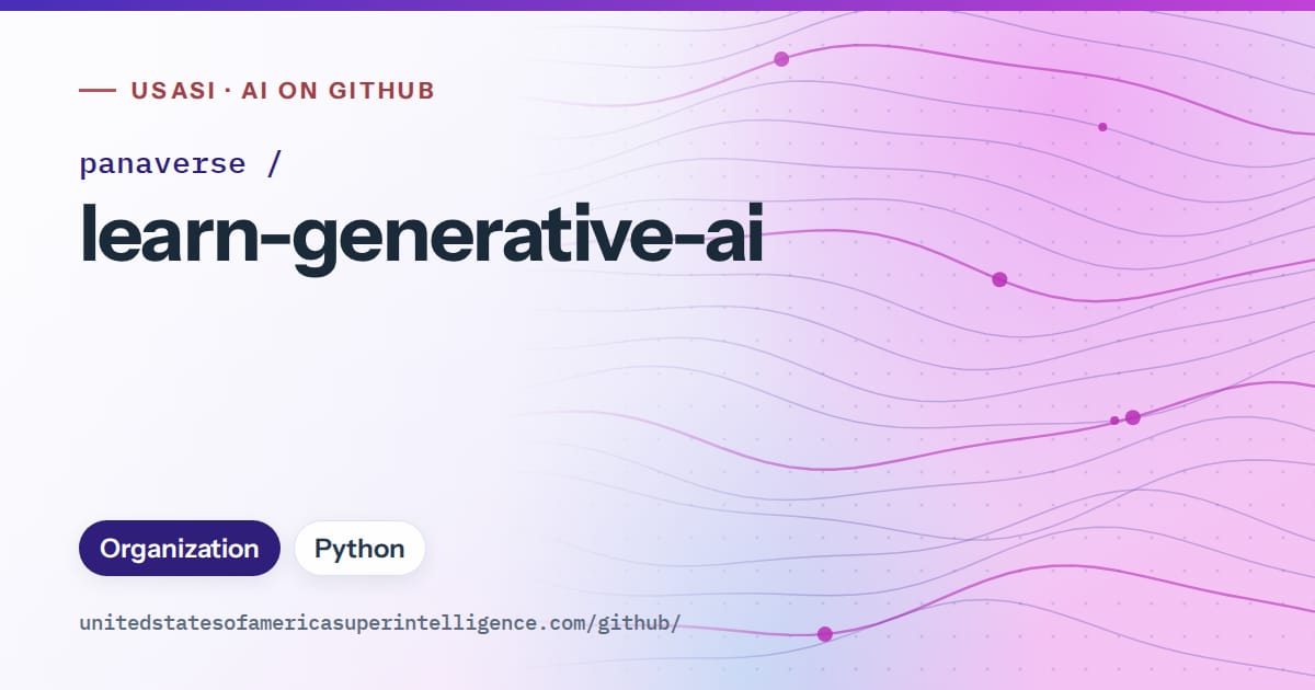 Generated violet flowing-wave artwork for panaverse/learn-generative-ai, labeled USASI · AI on GitHub, with Organization · Python.