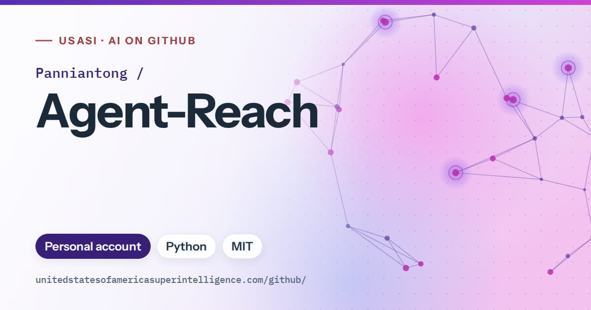 Generated violet constellation network artwork for Panniantong/Agent-Reach, labeled USASI · AI on GitHub, with Personal account · Python · MIT.