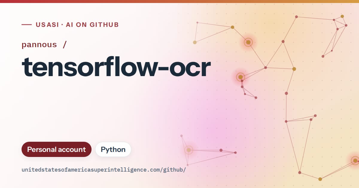 Generated red constellation network artwork for pannous/tensorflow-ocr, labeled USASI · AI on GitHub, with Personal account · Python.