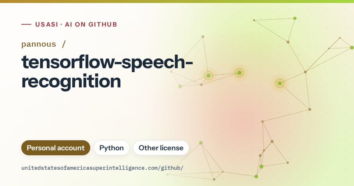 Generated orange constellation network artwork for pannous/tensorflow-speech-recognition, labeled USASI · AI on GitHub, with Personal account · Python · Other license.