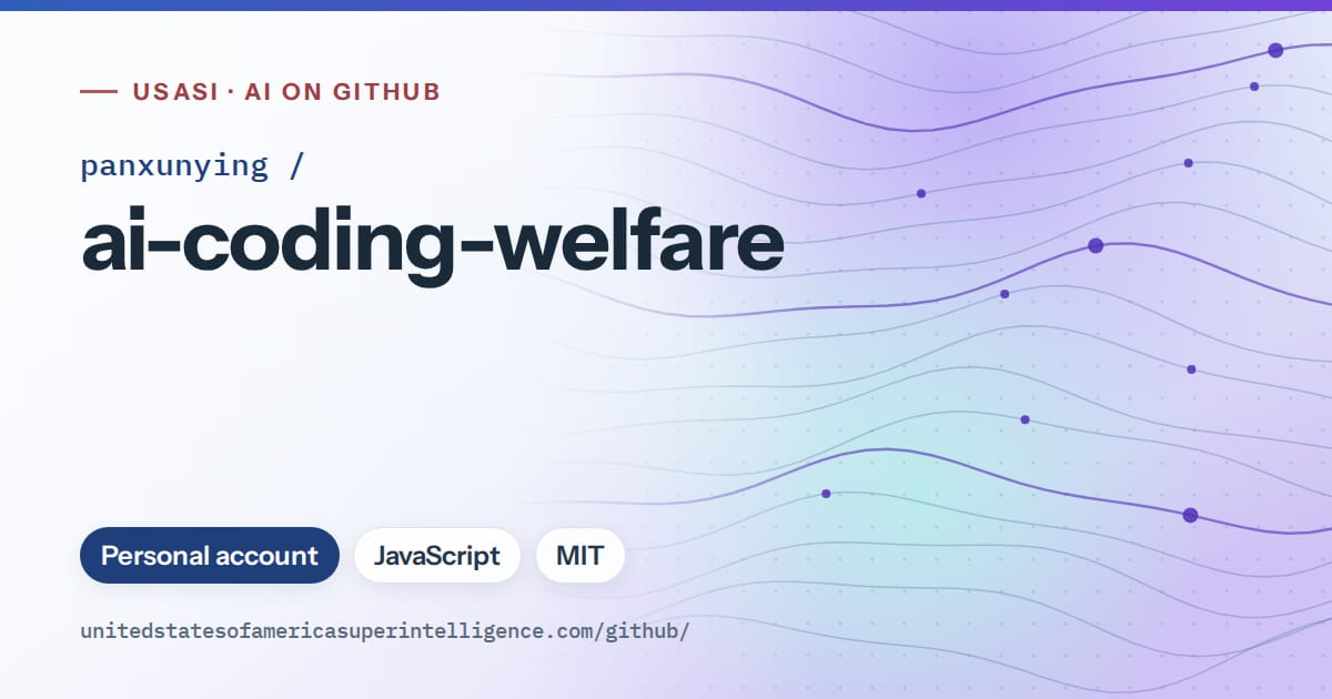 Generated blue flowing-wave artwork for panxunying/ai-coding-welfare, labeled USASI · AI on GitHub, with Personal account · JavaScript · MIT.