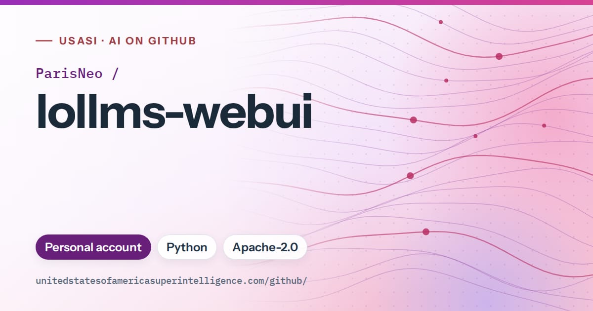 Generated purple flowing-wave artwork for ParisNeo/lollms-webui, labeled USASI · AI on GitHub, with Personal account · Python · Apache-2.0.
