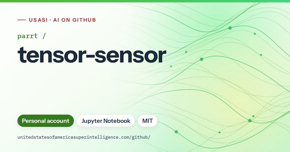 Generated green flowing-wave artwork for parrt/tensor-sensor, labeled USASI · AI on GitHub, with Personal account · Jupyter Notebook · MIT.