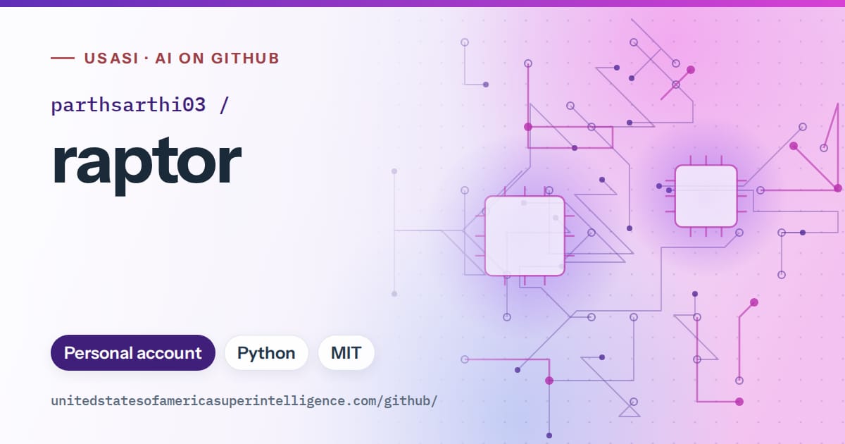 Generated violet circuit-trace artwork for parthsarthi03/raptor, labeled USASI · AI on GitHub, with Personal account · Python · MIT.