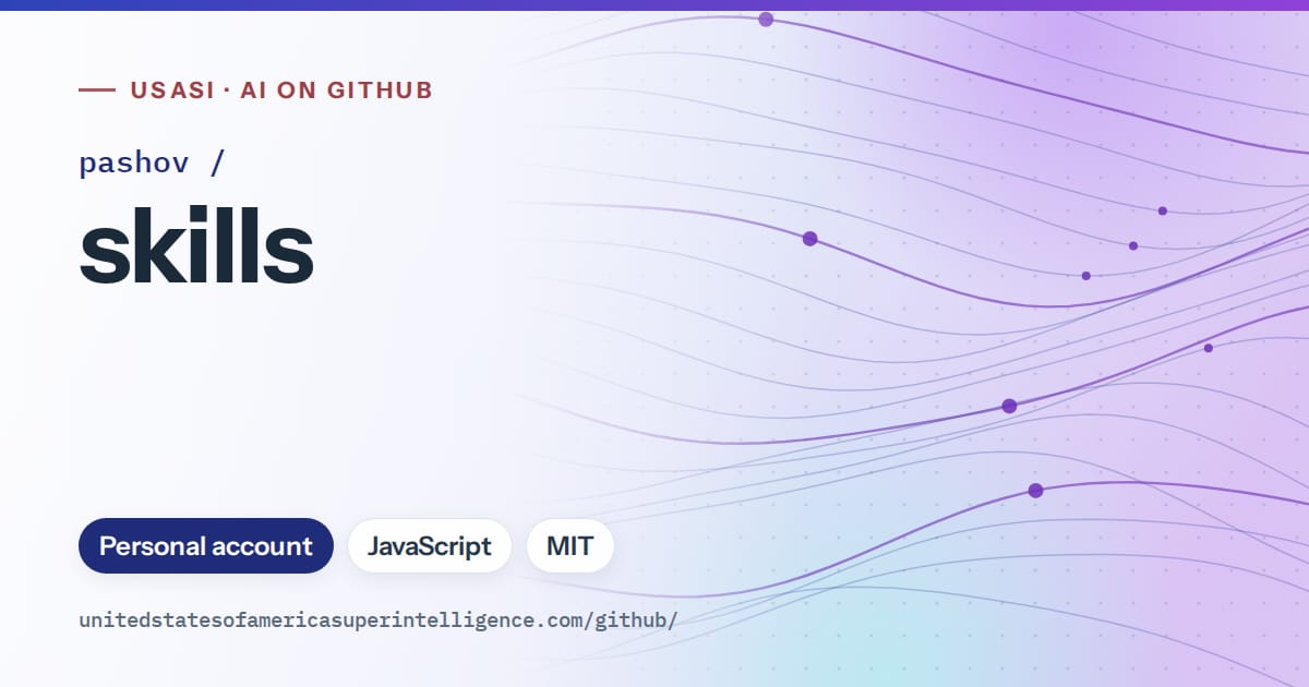 Generated blue flowing-wave artwork for pashov/skills, labeled USASI · AI on GitHub, with Personal account · JavaScript · MIT.