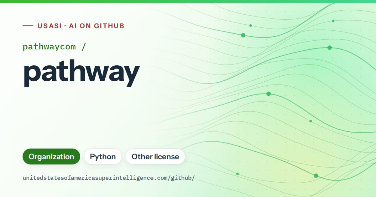Generated green flowing-wave artwork for pathwaycom/pathway, labeled USASI · AI on GitHub, with Organization · Python · Other license.