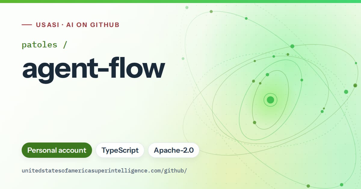 Generated green orbit artwork for patoles/agent-flow, labeled USASI · AI on GitHub, with Personal account · TypeScript · Apache-2.0.