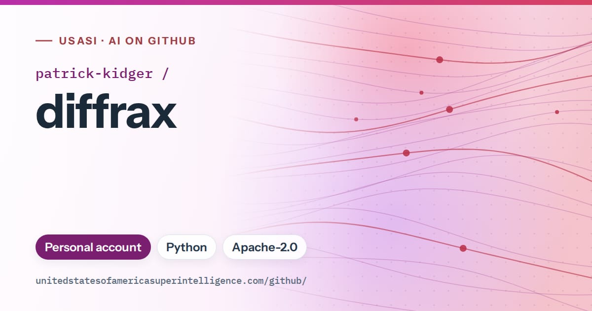 Generated purple flowing-wave artwork for patrick-kidger/diffrax, labeled USASI · AI on GitHub, with Personal account · Python · Apache-2.0.