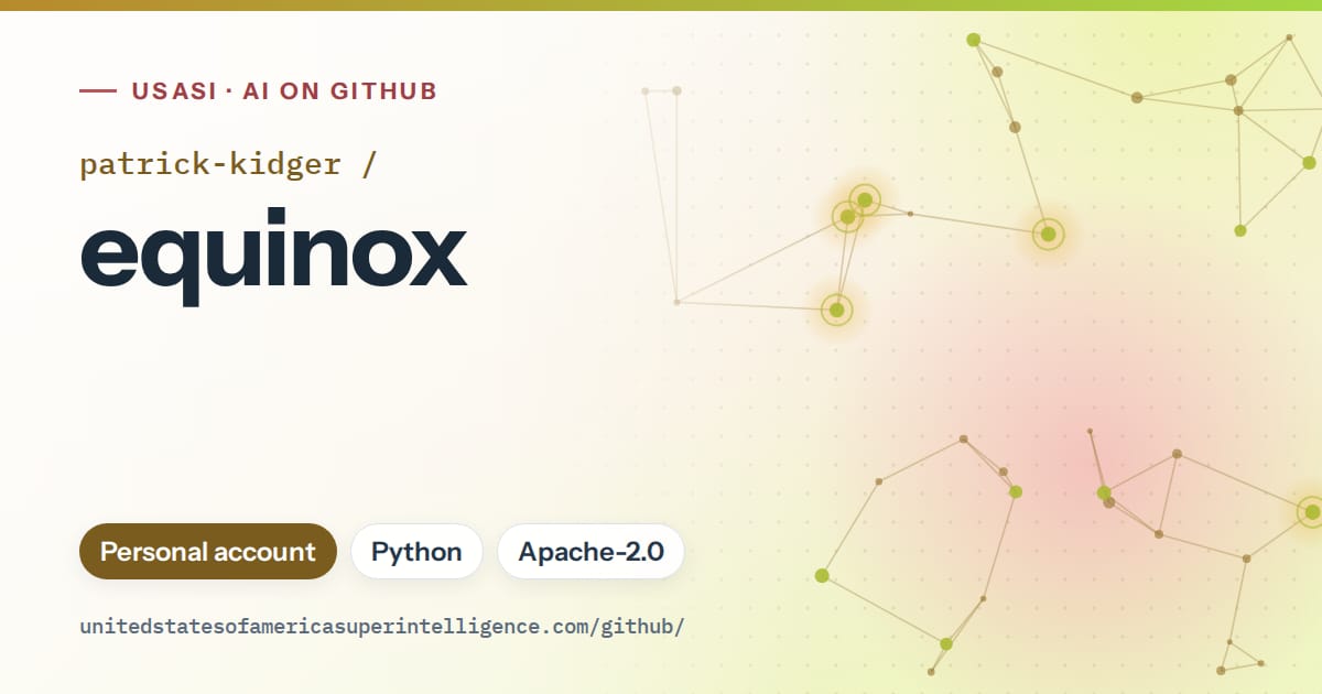 Generated orange constellation network artwork for patrick-kidger/equinox, labeled USASI · AI on GitHub, with Personal account · Python · Apache-2.0.