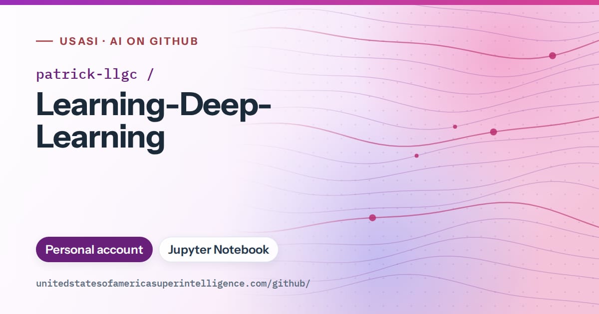 Generated purple flowing-wave artwork for patrick-llgc/Learning-Deep-Learning, labeled USASI · AI on GitHub, with Personal account · Jupyter Notebook.