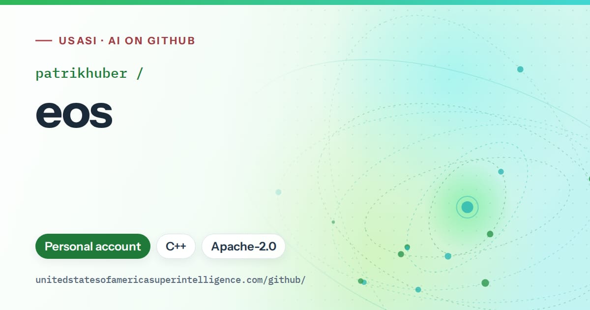 Generated green orbit artwork for patrikhuber/eos, labeled USASI · AI on GitHub, with Personal account · C++ · Apache-2.0.