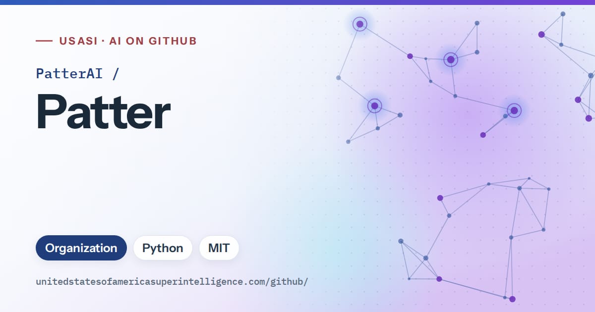 Generated blue constellation network artwork for PatterAI/Patter, labeled USASI · AI on GitHub, with Organization · Python · MIT.
