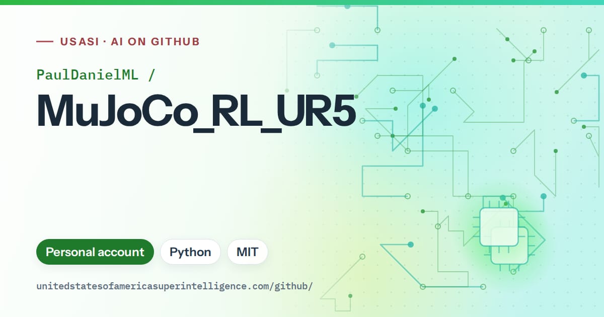 Generated green circuit-trace artwork for PaulDanielML/MuJoCo_RL_UR5, labeled USASI · AI on GitHub, with Personal account · Python · MIT.