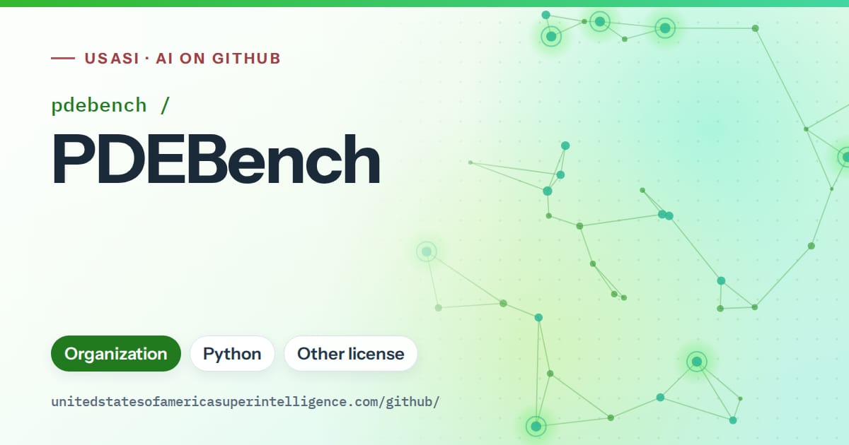 Generated green constellation network artwork for pdebench/PDEBench, labeled USASI · AI on GitHub, with Organization · Python · Other license.