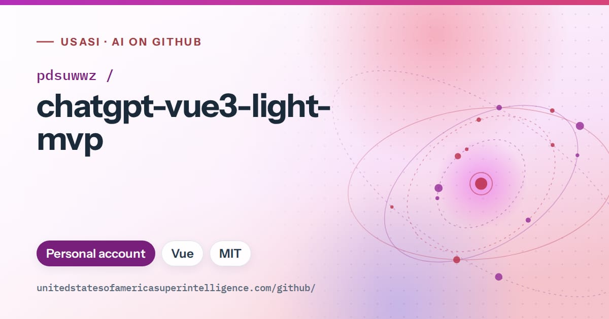 Generated purple orbit artwork for pdsuwwz/chatgpt-vue3-light-mvp, labeled USASI · AI on GitHub, with Personal account · Vue · MIT.