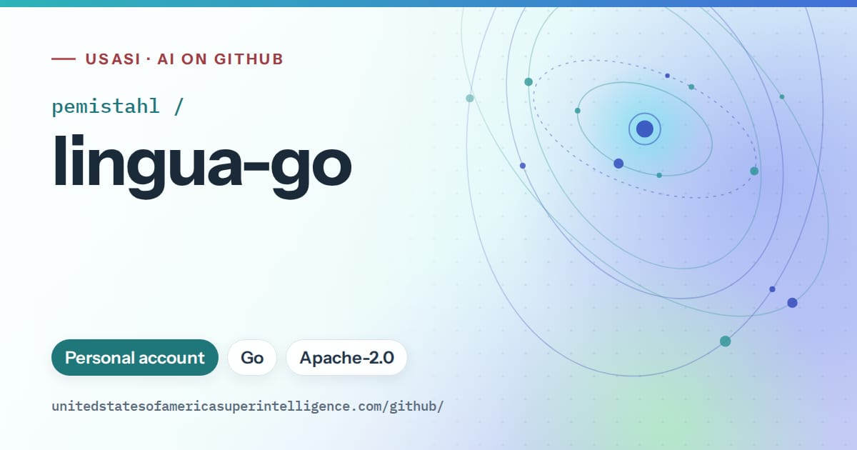 Generated teal orbit artwork for pemistahl/lingua-go, labeled USASI · AI on GitHub, with Personal account · Go · Apache-2.0.