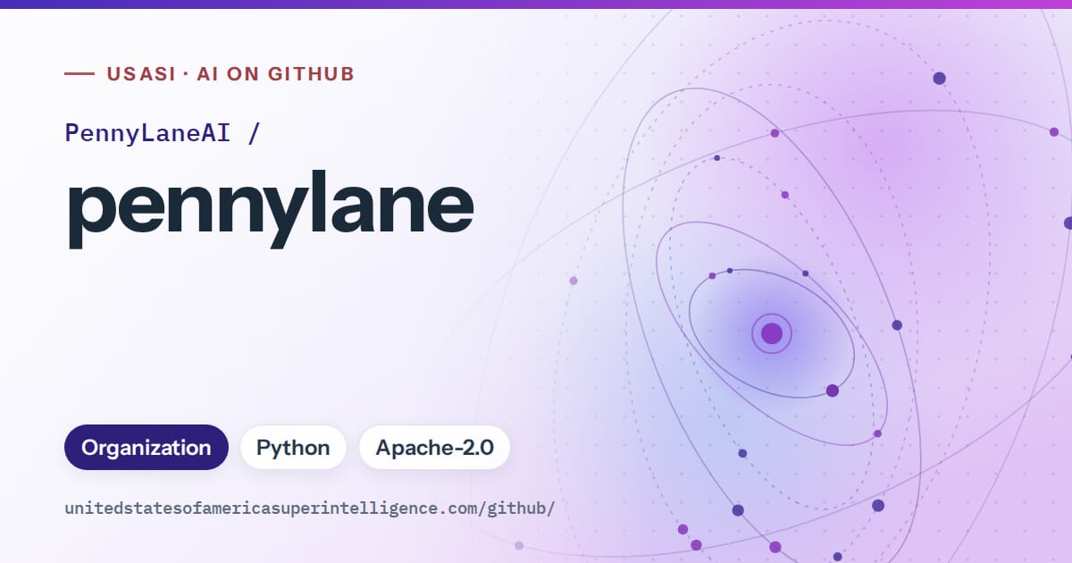 Generated violet orbit artwork for PennyLaneAI/pennylane, labeled USASI · AI on GitHub, with Organization · Python · Apache-2.0.