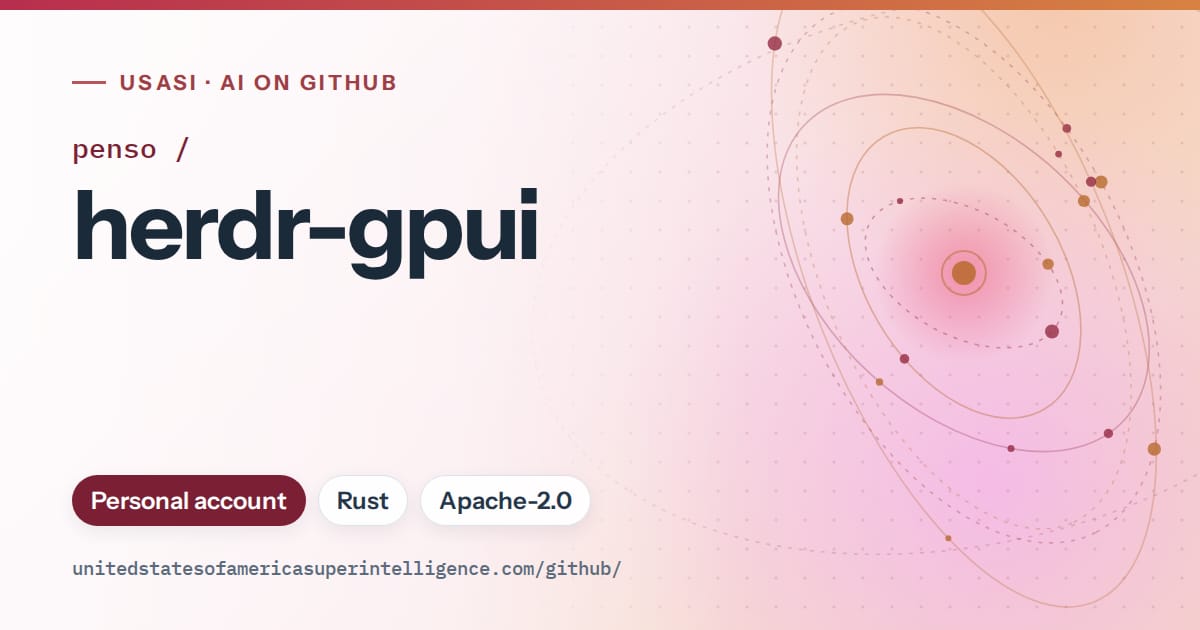 Generated red orbit artwork for penso/herdr-gpui, labeled USASI · AI on GitHub, with Personal account · Rust · Apache-2.0.