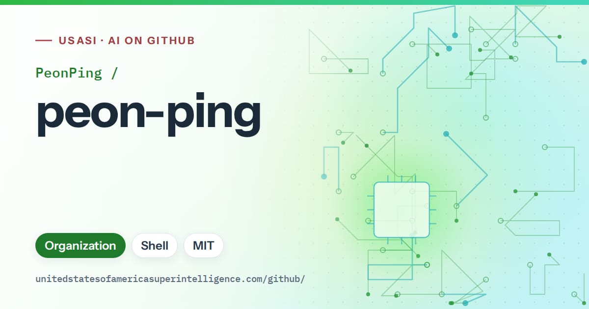 Generated green circuit-trace artwork for PeonPing/peon-ping, labeled USASI · AI on GitHub, with Organization · Shell · MIT.