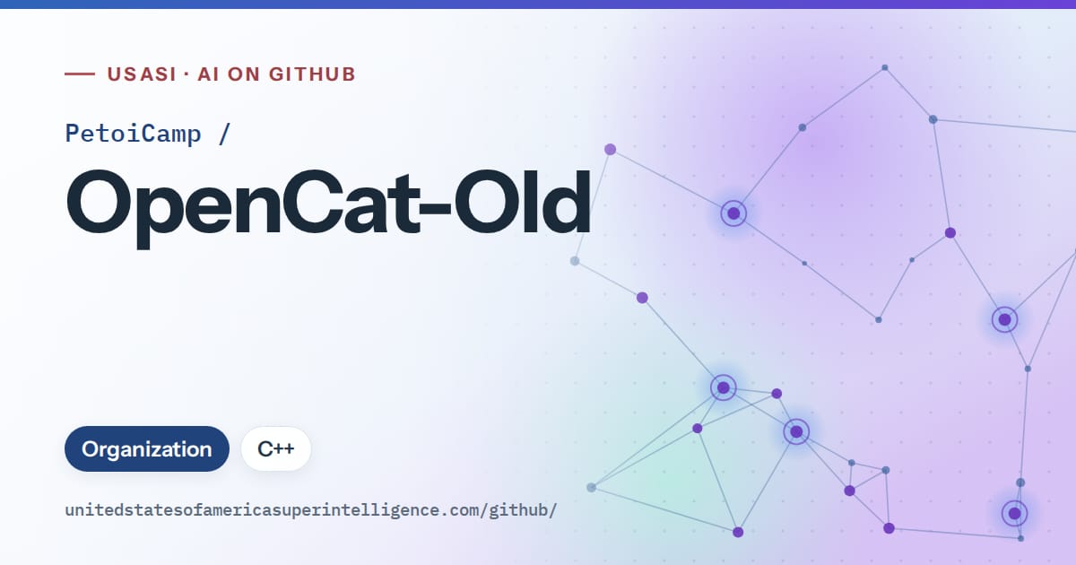 Generated blue constellation network artwork for PetoiCamp/OpenCat-Old, labeled USASI · AI on GitHub, with Organization · C++.