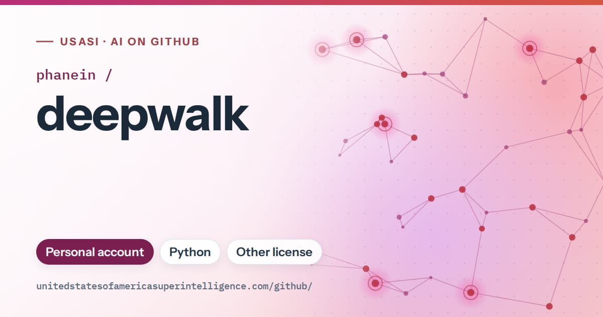 Generated pink constellation network artwork for phanein/deepwalk, labeled USASI · AI on GitHub, with Personal account · Python · Other license.