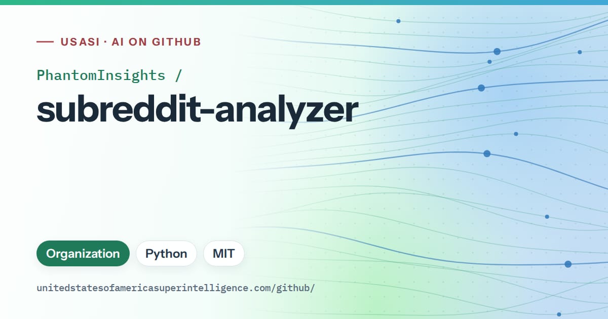 Generated teal flowing-wave artwork for PhantomInsights/subreddit-analyzer, labeled USASI · AI on GitHub, with Organization · Python · MIT.