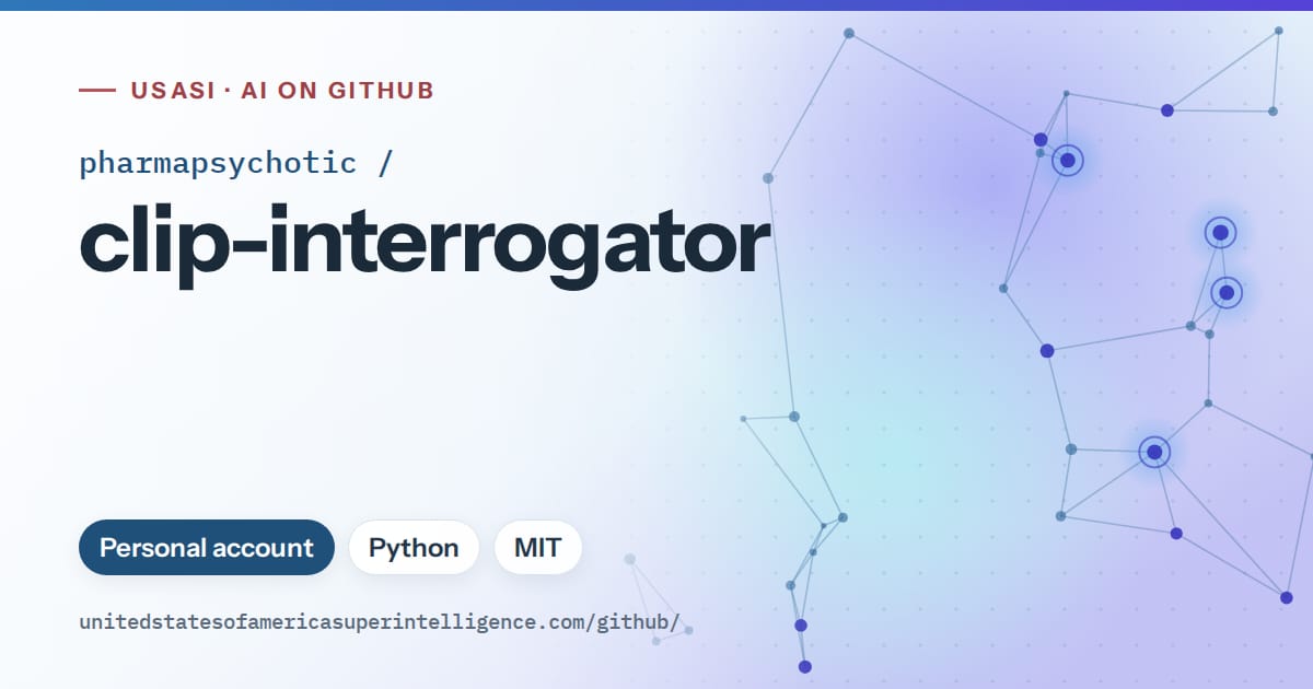Generated sky blue constellation network artwork for pharmapsychotic/clip-interrogator, labeled USASI · AI on GitHub, with Personal account · Python · MIT.