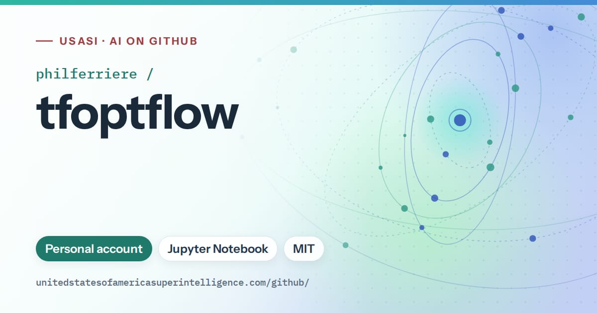 Generated teal orbit artwork for philferriere/tfoptflow, labeled USASI · AI on GitHub, with Personal account · Jupyter Notebook · MIT.