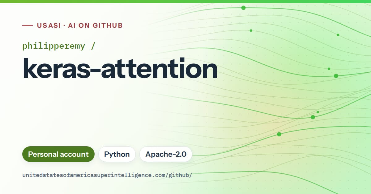 Generated green flowing-wave artwork for philipperemy/keras-attention, labeled USASI · AI on GitHub, with Personal account · Python · Apache-2.0.