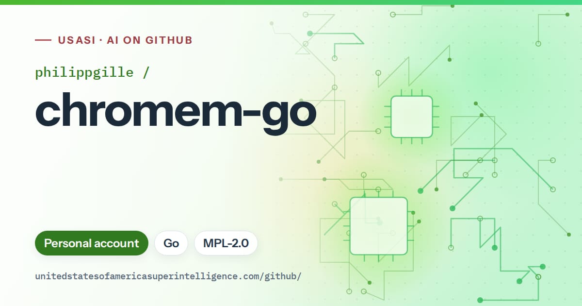 Generated green circuit-trace artwork for philippgille/chromem-go, labeled USASI · AI on GitHub, with Personal account · Go · MPL-2.0.