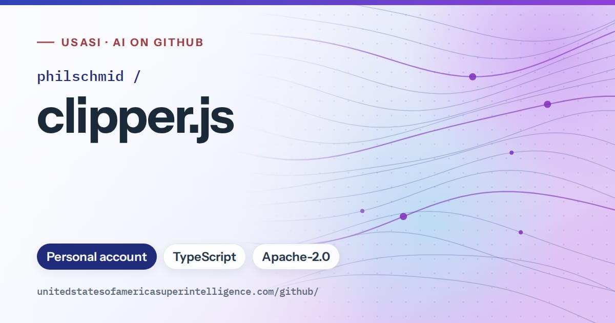 Generated blue flowing-wave artwork for philschmid/clipper.js, labeled USASI · AI on GitHub, with Personal account · TypeScript · Apache-2.0.